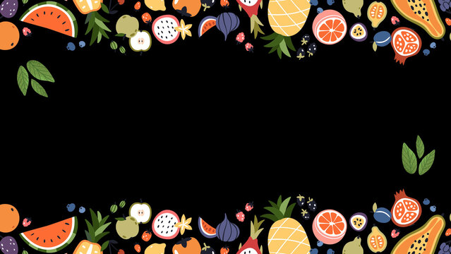 Colorful tropical fruits border frame background presentation on black backdrop