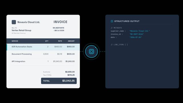 Invoice document scanning interface extracting data from paper into structured JSON code for financial automation software and fintech services.