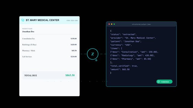Medical billing document automation scanning into structured json code on alpha channel background
