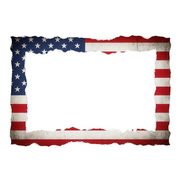 American flag themed picture frame with vintage torn edges isolated on transparent background