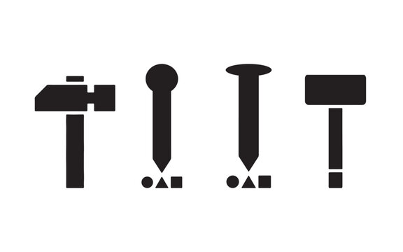 Black silhouette icons of construction hammers and metal nails with geometric shapes isolated on a plain white background