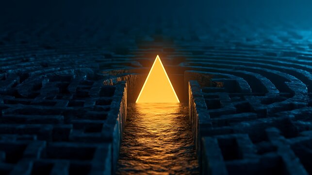 Glowing yellow triangle in a dark blue maze