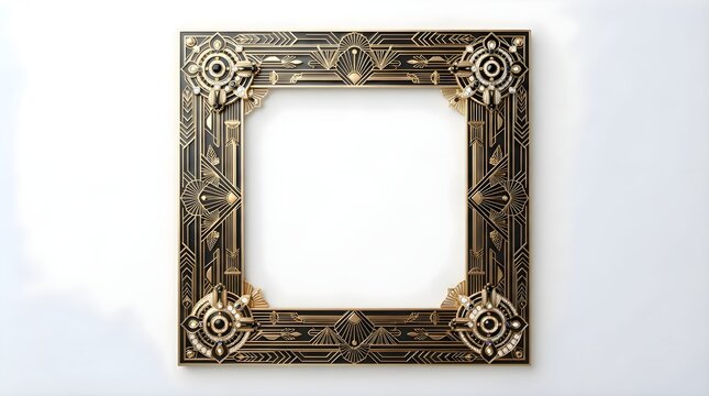 Luxurious art deco square frame featuring intricate gold and black geometric ornamentation on a white backdrop, ideal as a decorative picture frame, mockup for interiors, vintage design, invitations.