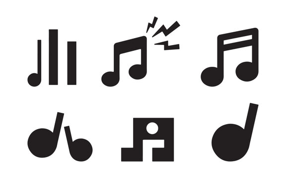 Set of black musical note symbols and audio sound wave icons isolated on a white background for music design and media projects
