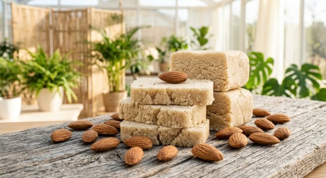 Fresh almond marzipan pieces or halva fudge stacked on a weathered wooden table in a sunlit greenhouse setting surrounded by raw organic almond nuts and lush green indoor plants.
