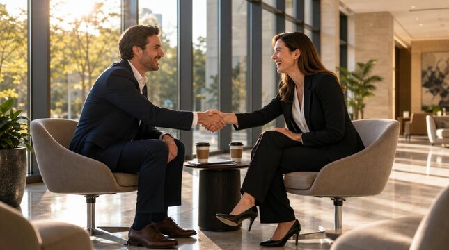 Professional Businessman and Businesswoman in Formal Suits Shaking Hands While Sitting in a Modern Sunlit Office Lobby, Celebrating a Successful Deal, Partnership, or New Job Opportunity.