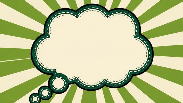 Retro comic style green sunburst background with blank stitched cloud thought bubble illustration