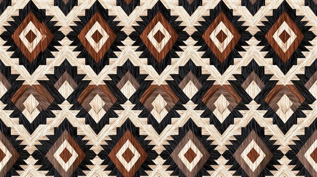 Seamless ethnic tribal geometric pattern with woven texture in warm earthy brown and beige tones ideal for textile wallpaper or fabric design