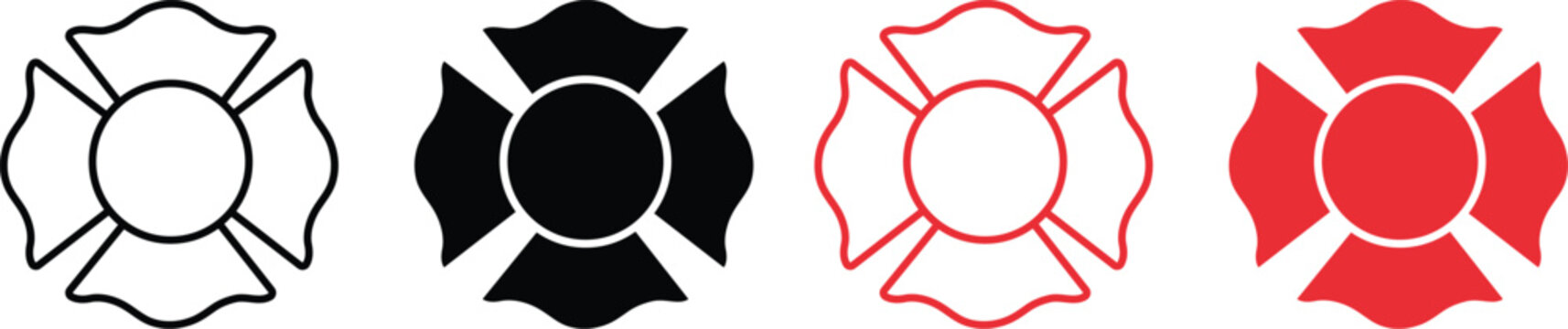 Firefighter Maltese cross emblem icon vector collection with traditional fire rescue badge symbol for emergency response, firefighting, and safety branding.
