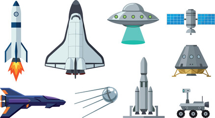 Spacecraft and rocket vehicles vector set featuring space shuttle ufo satellite lunar lander mars rover launch rocket and spaceship graphics © SARIFA