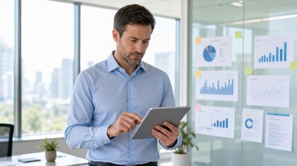 Fototapeta premium Professional Businessman in Light Blue Shirt Using Tablet in Modern Corporate Office, Analyzing Data with Charts and Graphs on Glass Wall, City Skyline View, Executive Working Indoors at Desk