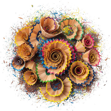 Artistic collection of colorful pencil shavings and graphite dust isolated on a transparent background for creative art supplies theme