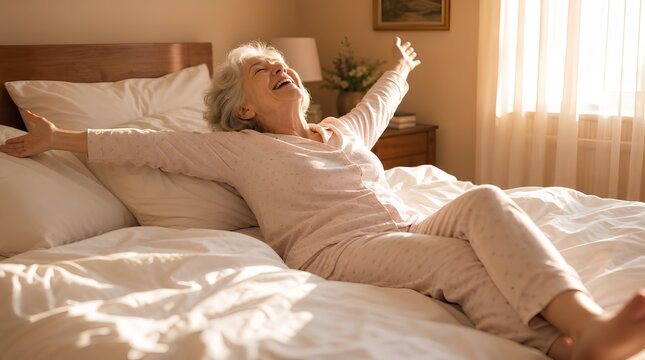 A joyful elderly woman with grey hair in soft pink pajamas falling backward onto a sunlit bed with white linen sheets in a cozy bedroom, laughing with arms outstretched during a bright morning.