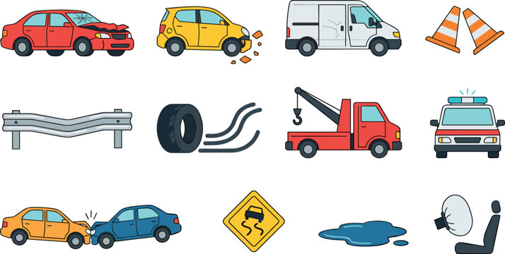 Car accident and road safety vector set featuring crashed vehicles tow truck traffic cones guardrail tire tracks oil puddle and airbag