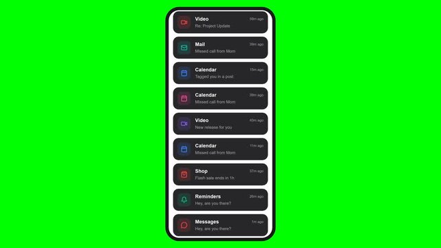 Smartphone Notification List scrolling with multiple app alerts in dark mode user interface on chroma key green screen for video editing overlay
