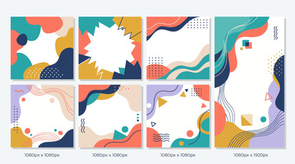 Fototapeta premium Abstract Fluid Social Media Post and Story Templates with Colorful Organic Shapes and Memphis Geometric Elements