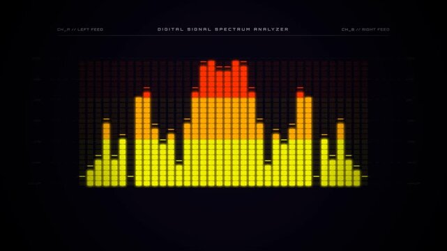 Digital audio equalizer display with animated yellow spectrum analyzer bars bouncing to music beat on dark background, ideal for sound design, DJ performance, and technology concepts.