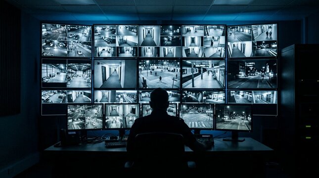 Silhouetted security guard seated at desk facing massive wall of glowing CCTV monitors displaying multiple live camera feeds in dark surveillance control room at night