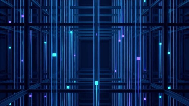 濃紺の空間で光ファイバーとキューブが垂直上昇するニューラル網のCG動画