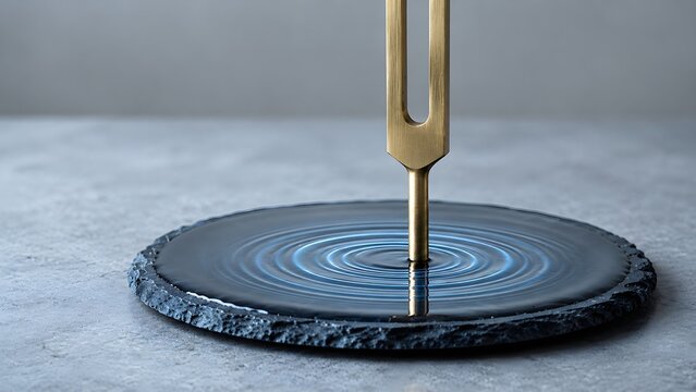 Abstract representation of frequency and vibration with a golden tuning fork generating water ripples on a dark slate tray
