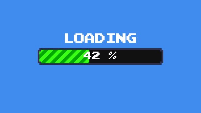 Pixel art progress bar with green diagonal stripes and white percentage counter on blue screen background for gaming interface.