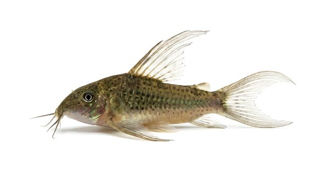 Corydoras catfish isolated on white background, small freshwater aquarium fish species.