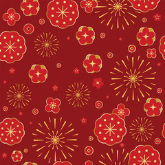 Fototapeta na wymiar Chinese New Year vector pattern with gold floral medallions, fireworks and circular festive ornaments on dark red background for cards, wrapping and celebration designs.