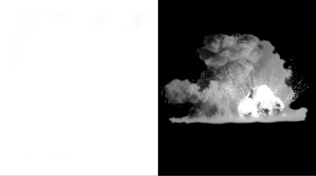 Cinematic explosion alpha matte, black and white smoke blast effect, realistic fire burst VFX element for video editing
