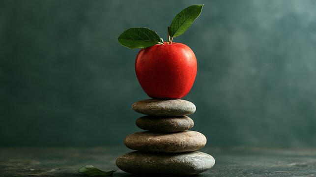 Red apple with leaves balanced on stones