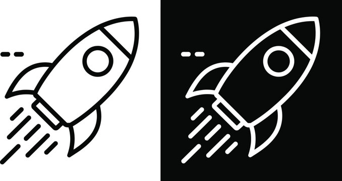 Rocket icon concept in flat black and white style on clean background for space travel, launch, technology, and innovation designs.
