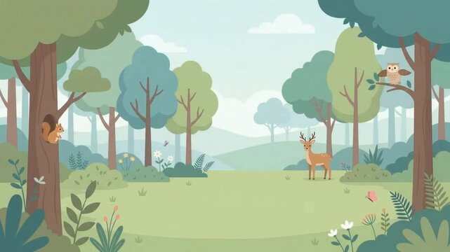 Forest nature wildlife scene with deer owl squirrel and butterfly in flat design animation