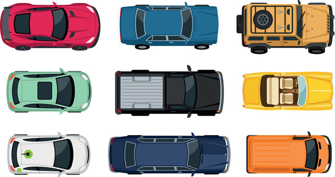 Top view cars vector set featuring red sports car blue sedan yellow offroad suv green hatchback black pickup truck convertible electric car van