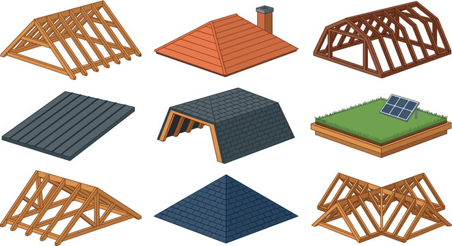 Roof types vector set featuring timber framing trusses gambrel hip flat metal mansard green eco roofing solar panel isolated on white background