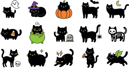 Obraz premium Cute Halloween black cat character set featuring spooky costumes pumpkin skeleton skull and ghost cartoon vector illustrations