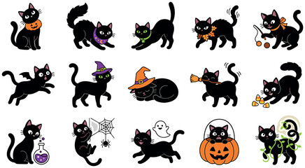 Obraz premium Cute Halloween black cat character set with witch hats pumpkins ghosts and autumn leaves cartoon vector illustrations