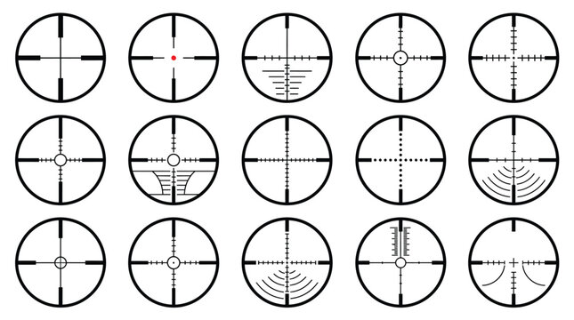 Diverse collection of black sniper scope reticles featuring various complex crosshair patterns for professional military and tactical hunting equipment design
