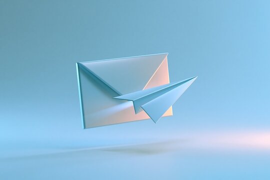 Minimal 3d render of closed envelope with flying light blue paper plane on soft blue gradient background representing email fast communication concept