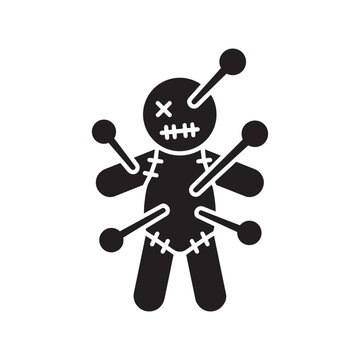 Black silhouette voodoo doll with pins flat vector icon isolated on white background