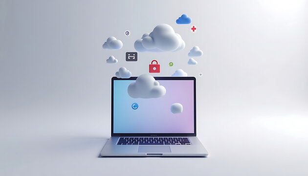Digital cloud computing and data security concepts with laptop and icons for technology.