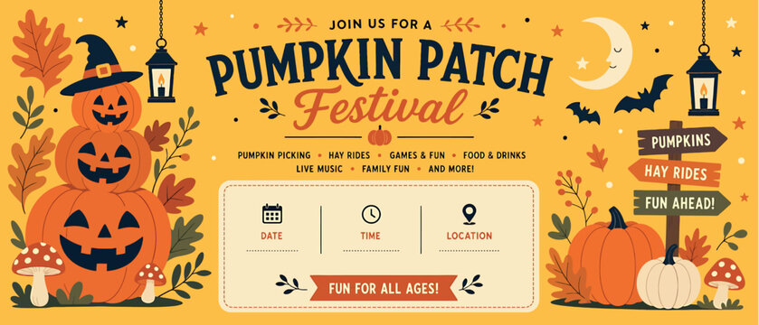 Autumn harvest invitation banner template with cute jack o lanterns pumpkins festival text details design background