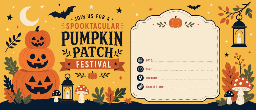 Halloween pumpkin patch festival invitation template with cute carved pumpkins, autumn leaves, mushrooms, and lanterns on a yellow background