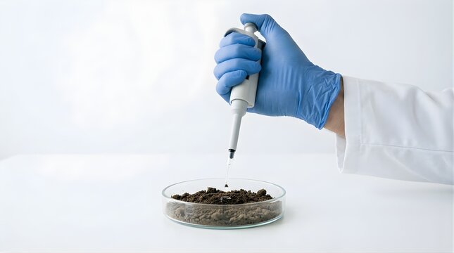 Scientist dropping liquid into soil sample in petri dish for testing