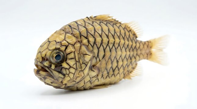 Pinecone fish isolated on white background, exotic marine life specimen