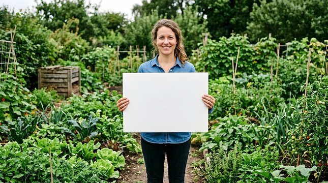 Smiling woman holding a blank white sign in a vegetable garden