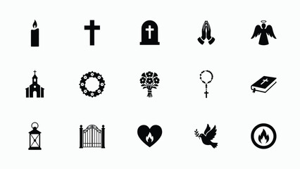 Fototapeta premium Fifteen black and white religious symbols arranged in clean grid pattern with Collection religious themed icons structured five three grid layout