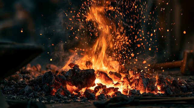 Glowing coals and sparks in forge fire