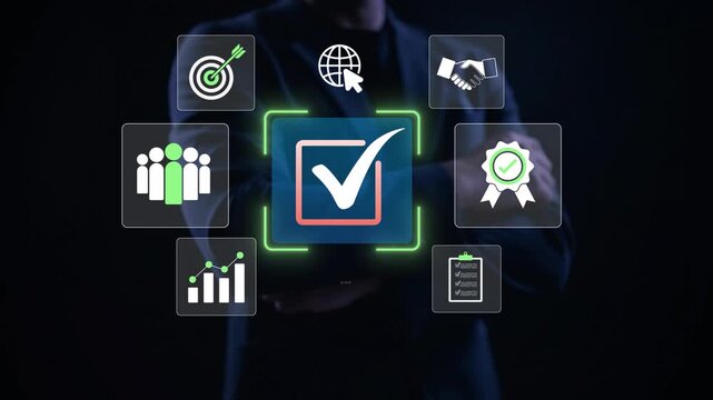 Hand touch on the sign of the top service Quality assurance and icon set, Guarantee, Standards, ISO certification and standardization concept. Global business network online marketing, international
