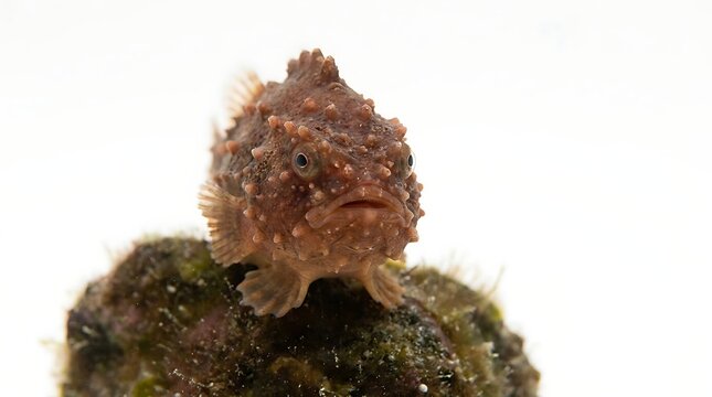 Small brown frogfish perched on a mossy rock isolated on a white background