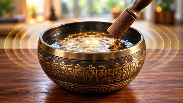 Tibetan singing bowl filled with water and glowing sacred geometry creating sound wave ripples for meditation and golden light waves