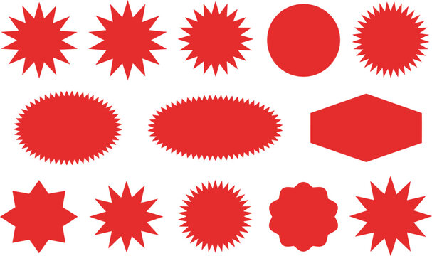 Red starburst badges and sale sticker icons with wavy edge promo tags for prices, discounts, offers, advertising, and retail design.